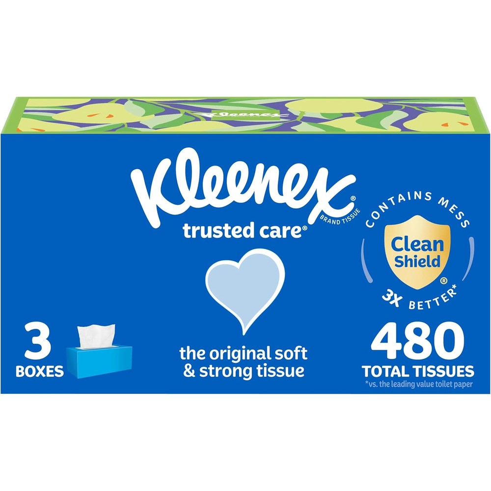 Kleenex Trusted Care Facial Tissues front view of 3-pack bundle for everyday use.