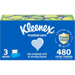 Kleenex Trusted Care Facial Tissues front view of 3-pack bundle for everyday use.