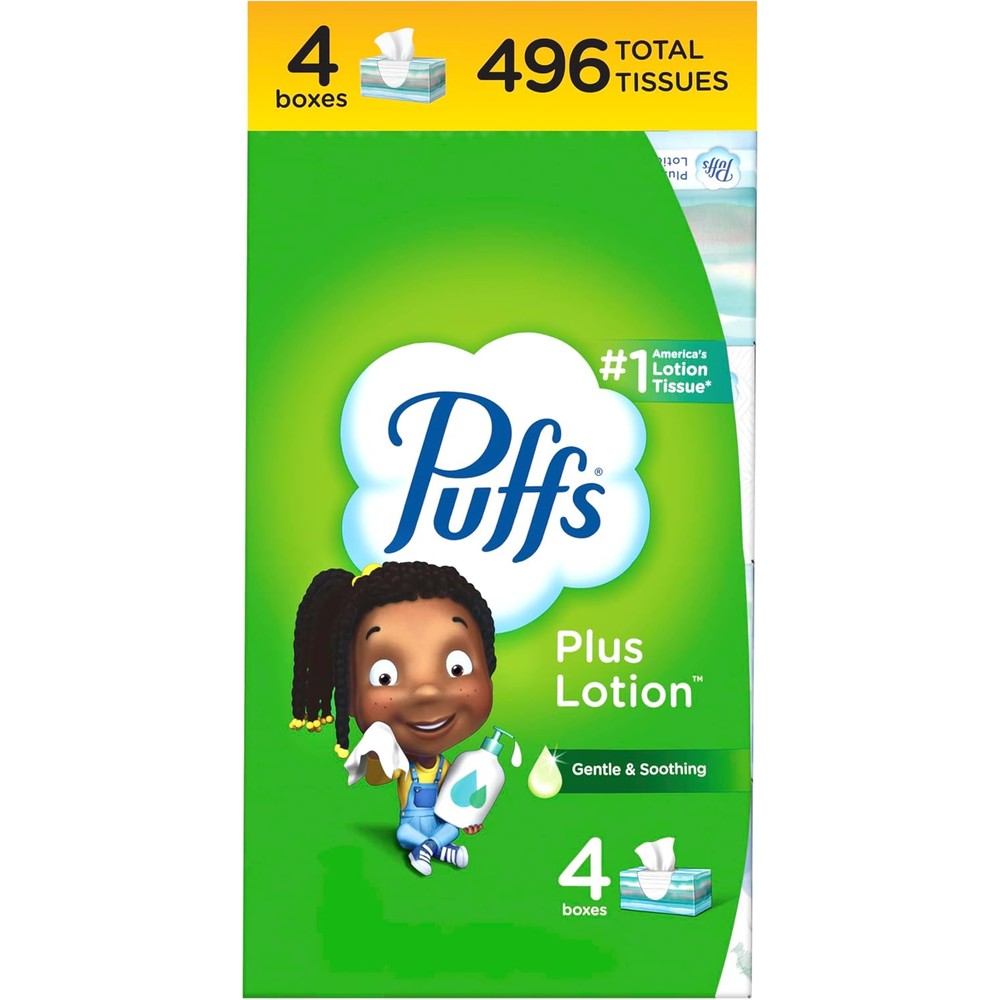 Puffs Plus Lotion Facial Tissues 4 box pack front view for allergy relief