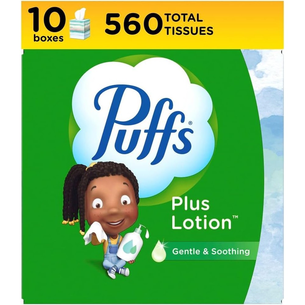 Puffs Plus Lotion Facial Tissues 10 cube pack front view for sensitive skin.