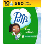 Puffs Plus Lotion Facial Tissues 10 cube pack front view for sensitive skin.