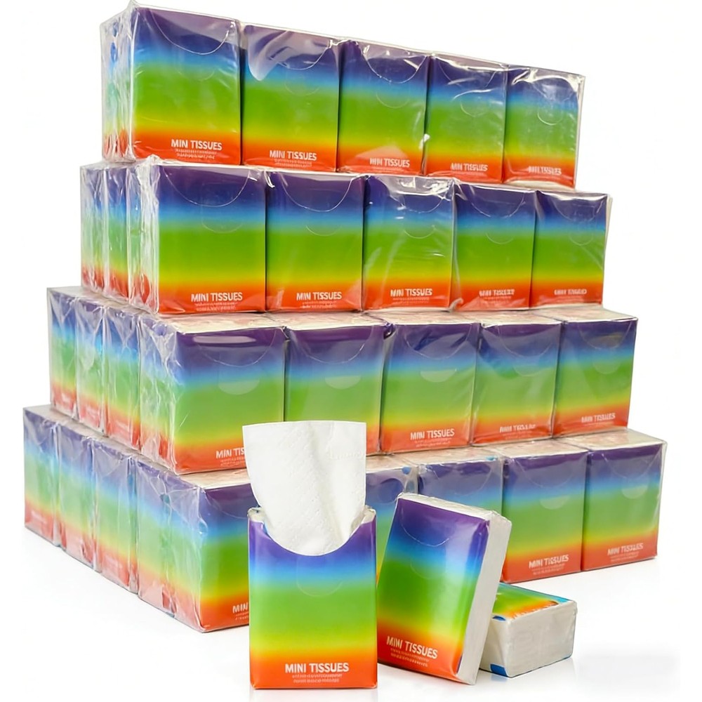 KBTYUDD Rainbow Pocket Tissues front view of multiple colourful travel size packs stacked together