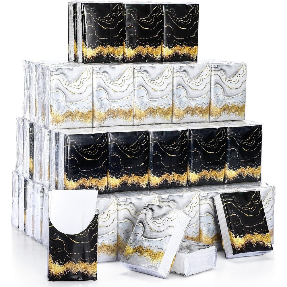 Fourluoo marble pocket tissues front view of individual packs showing black white and gold patterns