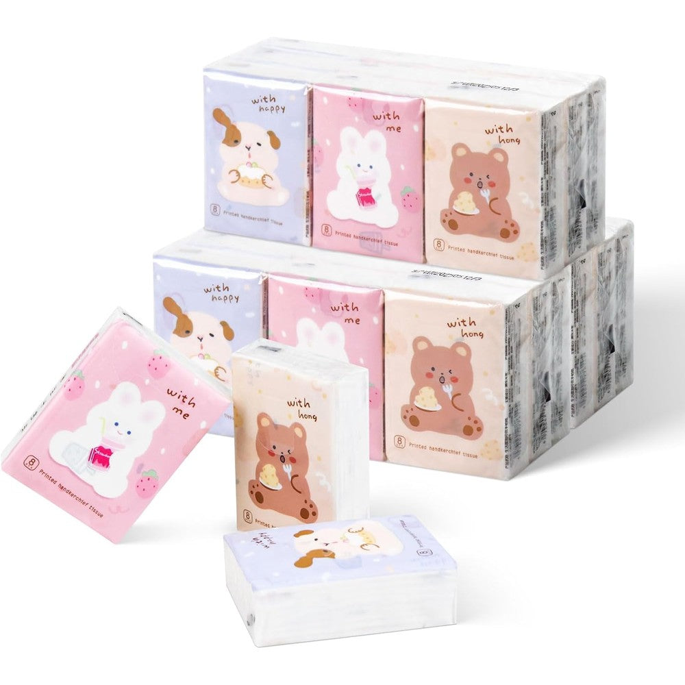 Zhjianup pocket tissues twenty seven pack front view showcasing cute dog bear and rabbit cartoon illustrations