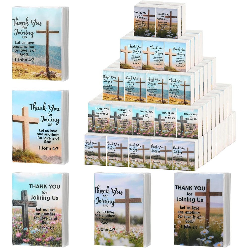 Tinlade Welcome to Our Church pocket tissues bulk fifty pack front view showing Christian cross design.