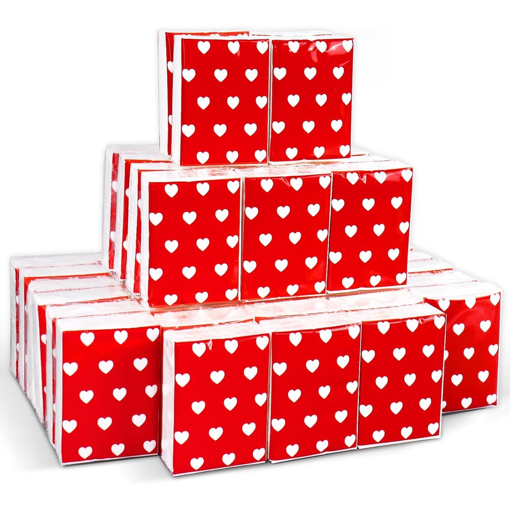 FYSUIMU 50 Bulk Valentine's Day Tissue Packs front view showing red wrapper with white hearts.