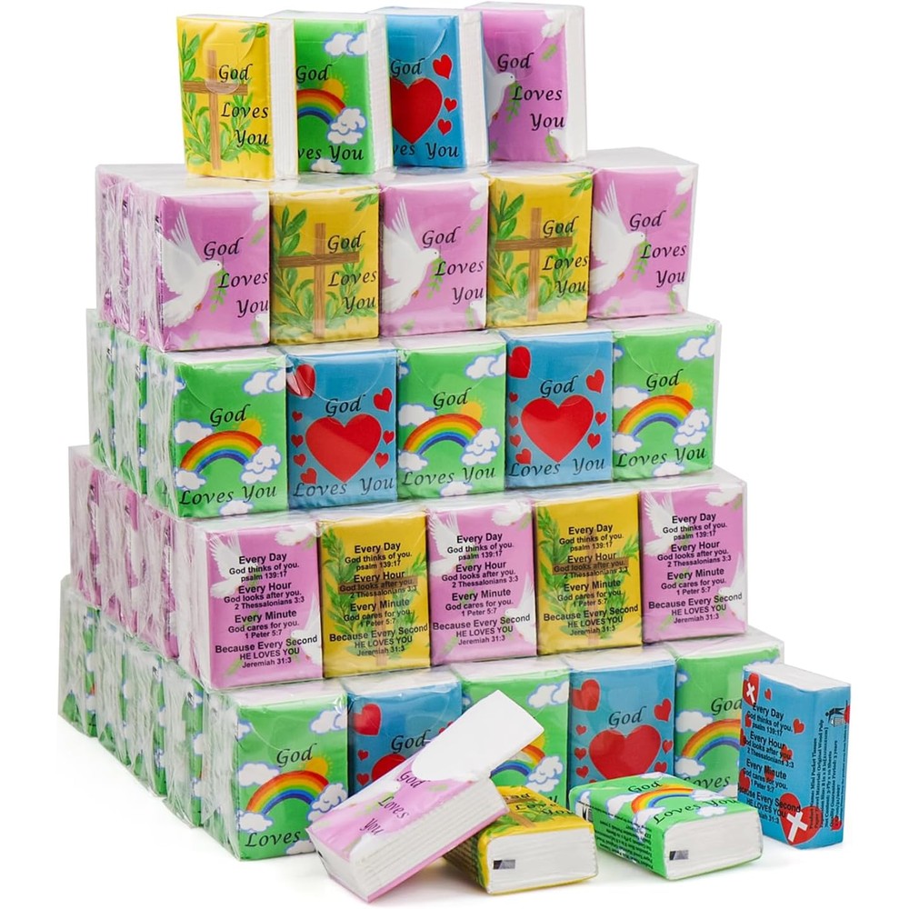 HAIFOTRVA Bible tissues travel size individual pocket packs front view showing colorful scripture designs.