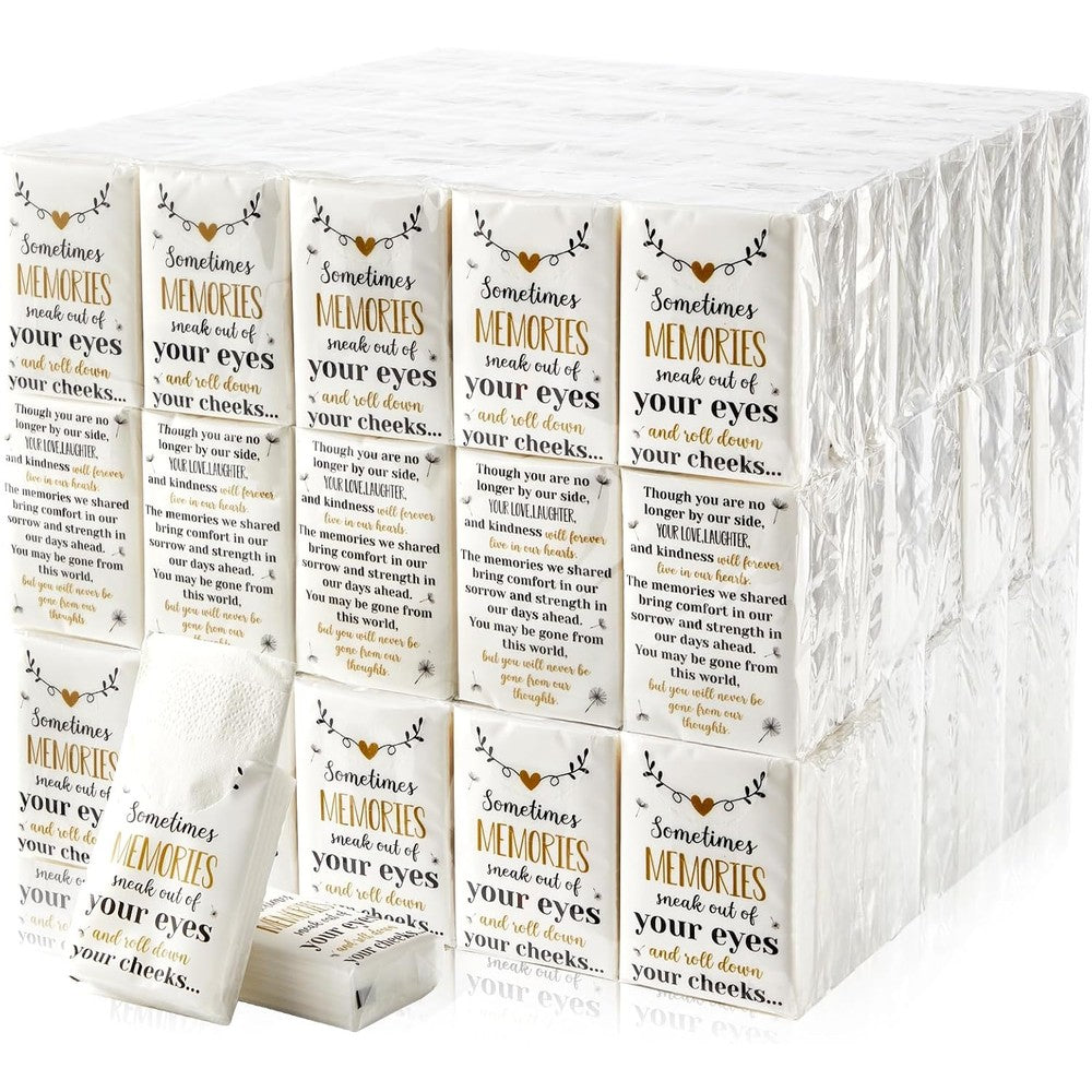 Sinmoe memorial pocket facial tissues front view showcasing inspirational poem packaging for funeral favors.