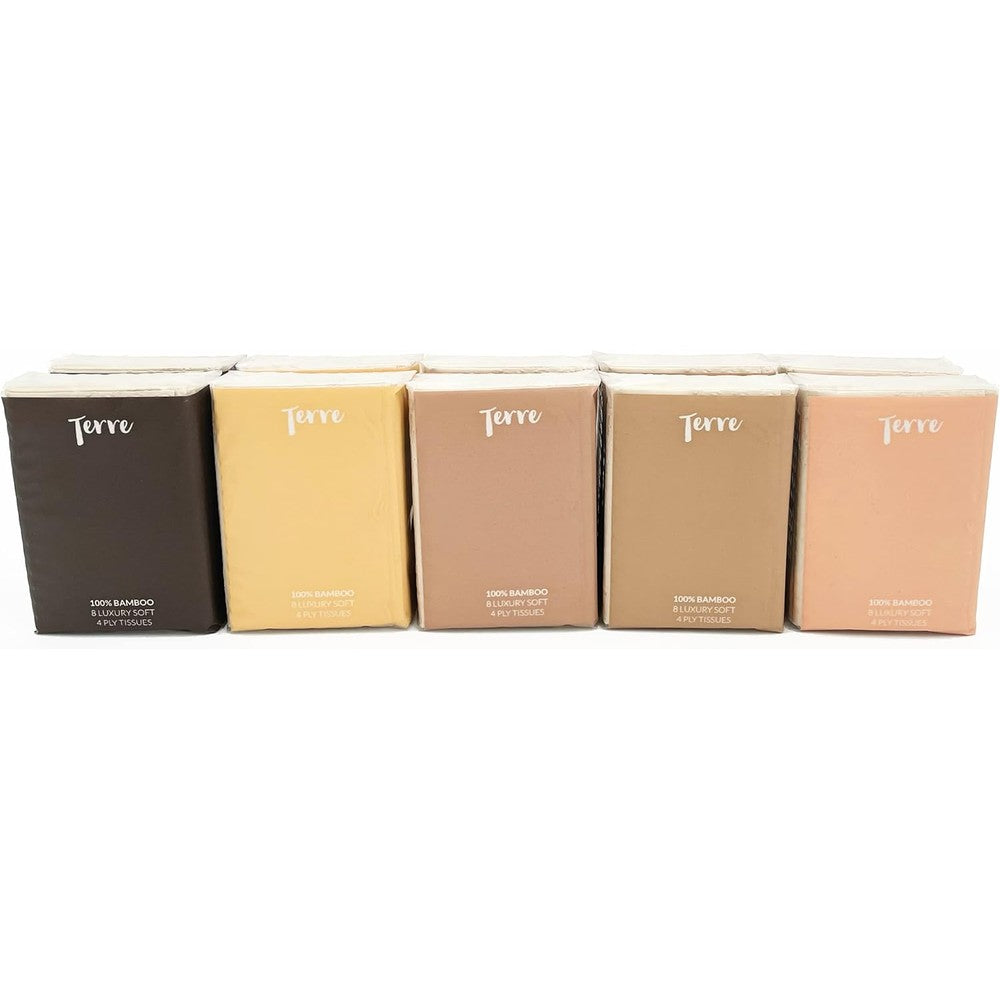 Terre bamboo pocket tissues 10 pack front view highlighting unbleached sustainable travel facial tissues