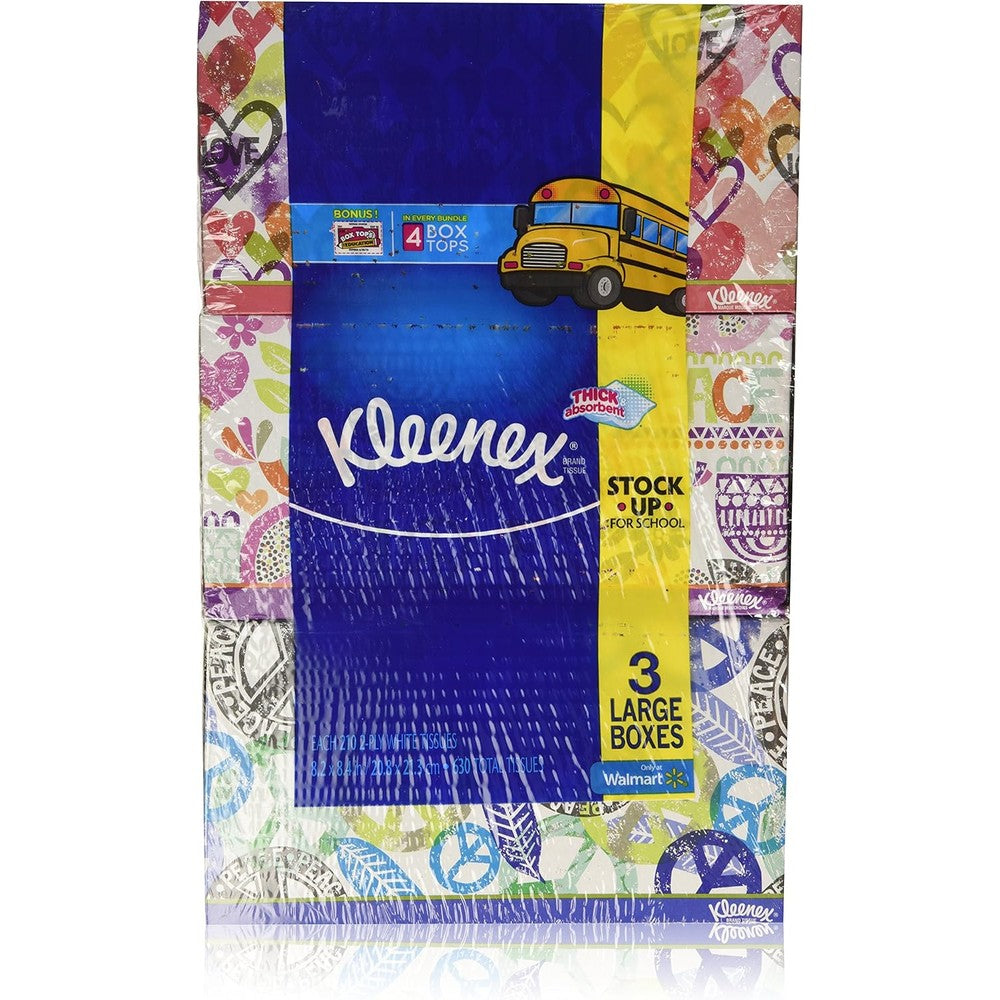 Kleenex Trusted Care Everyday Facial Tissues 2 Ply 210 Count Pack of 3 front view showing decorative packaging boxes.