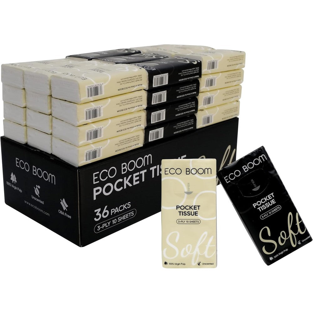 ECO BOOM Soft Pocket Tissues front view of premium black and white packs