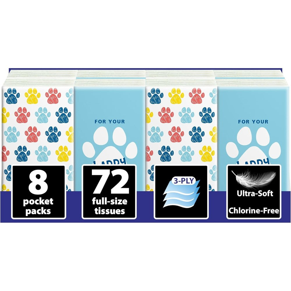 Funwares travel tissue packs front view showing the playful dog paws print packaging