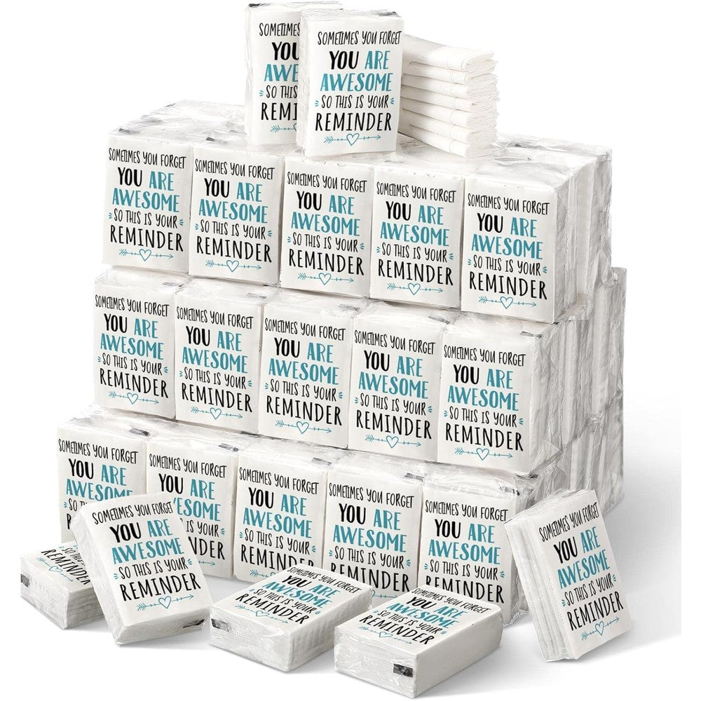 Fuutreo pocket tissues bulk pack front view showing blue and black inspirational wrappers