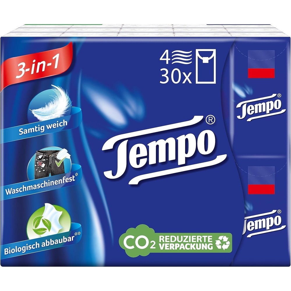 Tempo Cotton Touch Premium 4 Ply Pocket Tissues 30 pack front view showing packaging