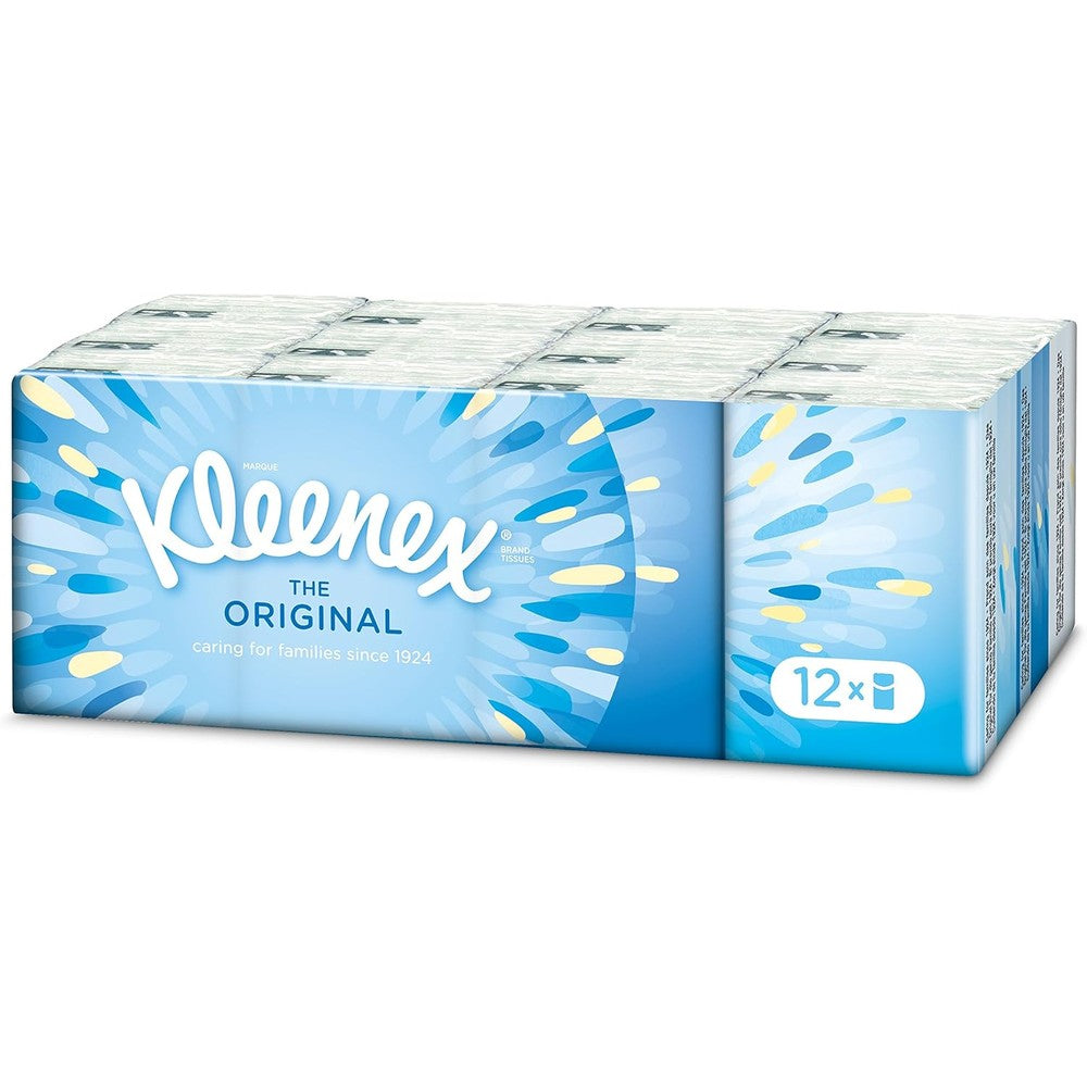 Kleenex The Original pocket tissues twelve packs front view of travel packaging.