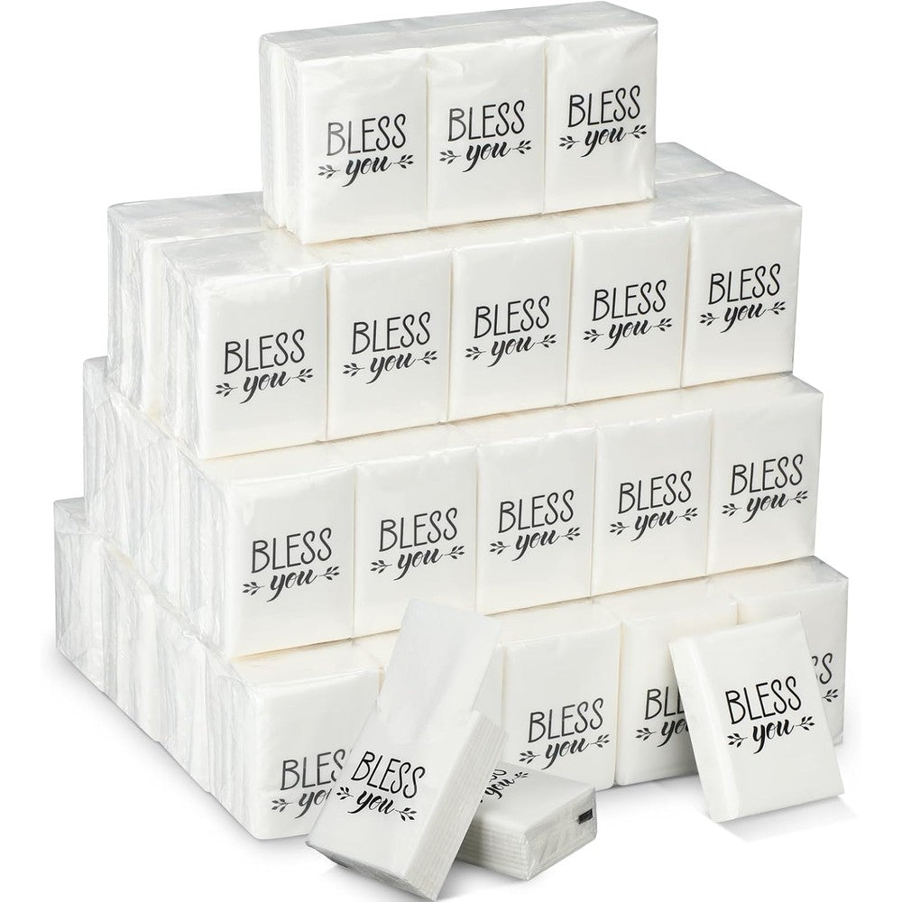 Ctosree Church Pocket Tissues Travel Packs showing fifty individually wrapped bundles with Christian graphic themes.