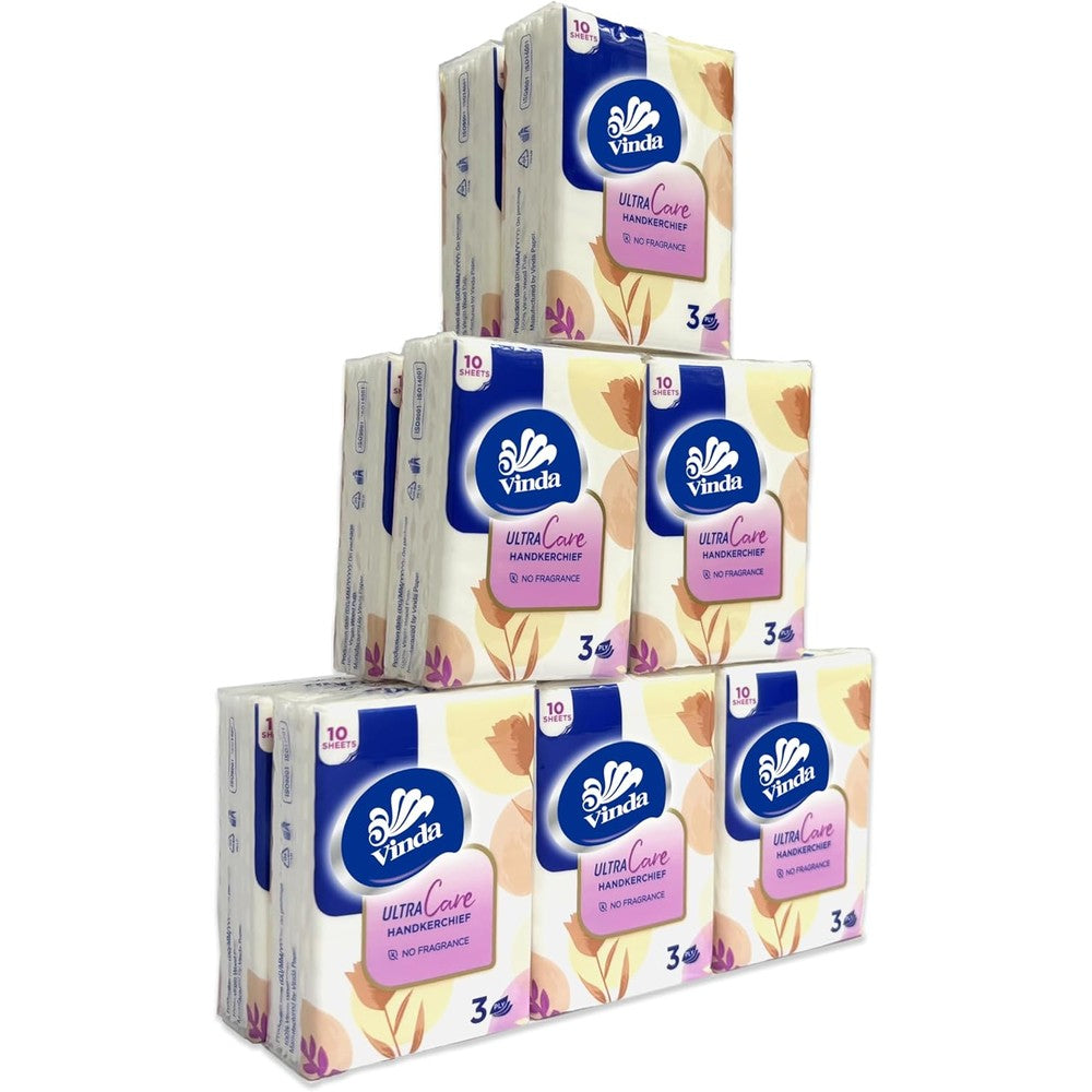 Vinda 3 Ply Mini Ultra Care Pocket Tissues front view of 12 pack bundle packaging