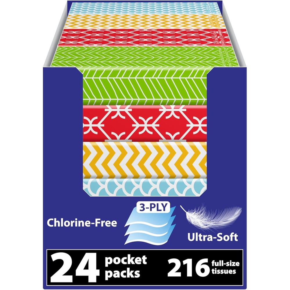 Funwares travel tissue packs 24 count front view showcasing colorful geometric packaging design.