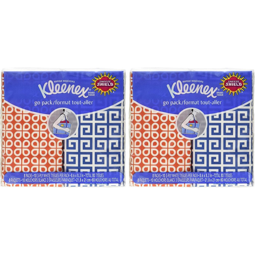Kleenex 3-Ply Pocket Packs Facial Tissues front view showing the portable packaging and Sneeze Shield logo.