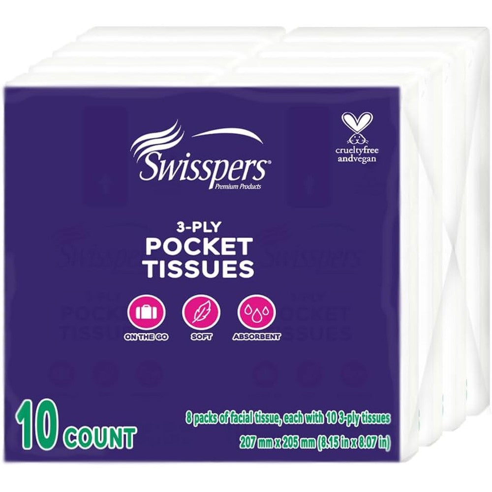 Swisspers pocket tissues 3-ply white facial tissues front view pack of eight