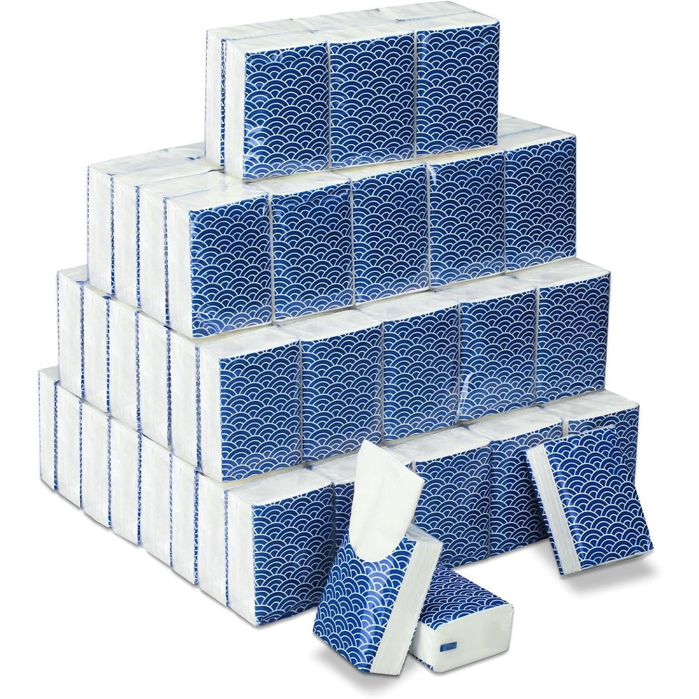 Therwen 100 Pack Pocket Tissues front view showing blue and white cool wave pattern packaging.