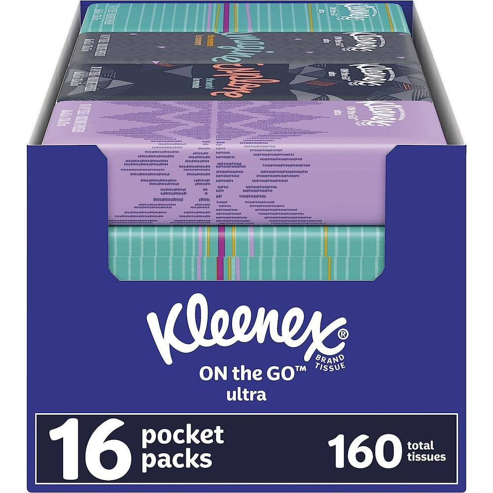 Kleenex Ultra Soft On The Go pocket packs front view display box for premium travel tissues