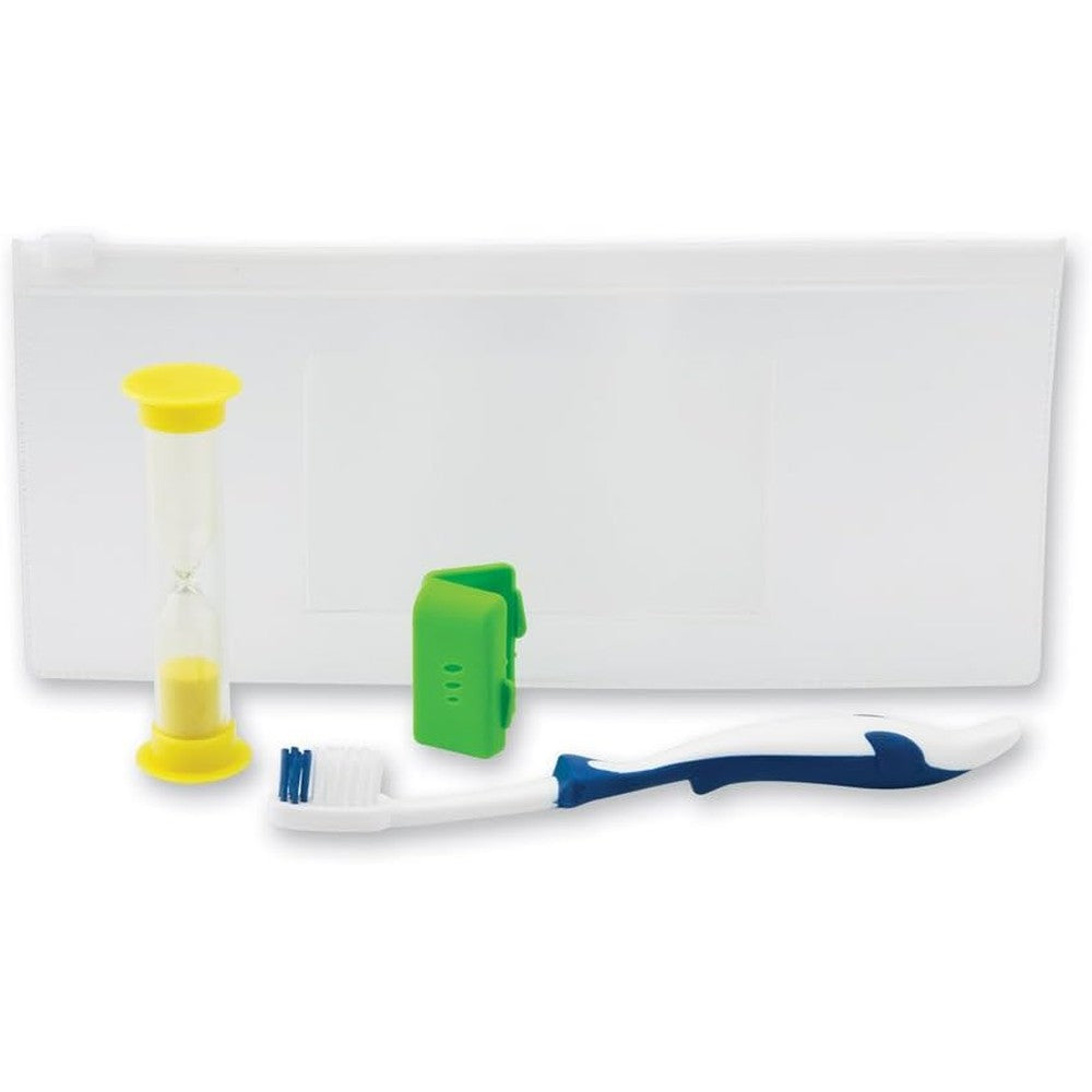 SmileMakers Youth Dental Kits 24 pack featuring blue dolphin toothbrush and yellow sand timer for kids oral hygiene.