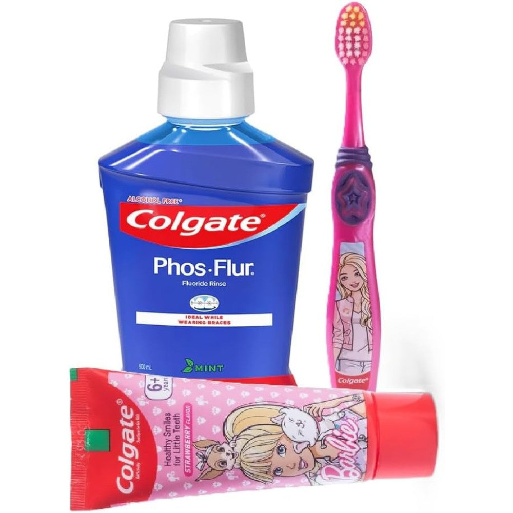 Colgate Kids Barbie dental care set front view with toothpaste and mouthwash.