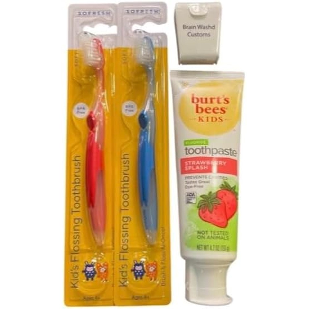 Oral-B Childrens Toothbrush Kit front view featuring two soft brushes and strawberry toothpaste.