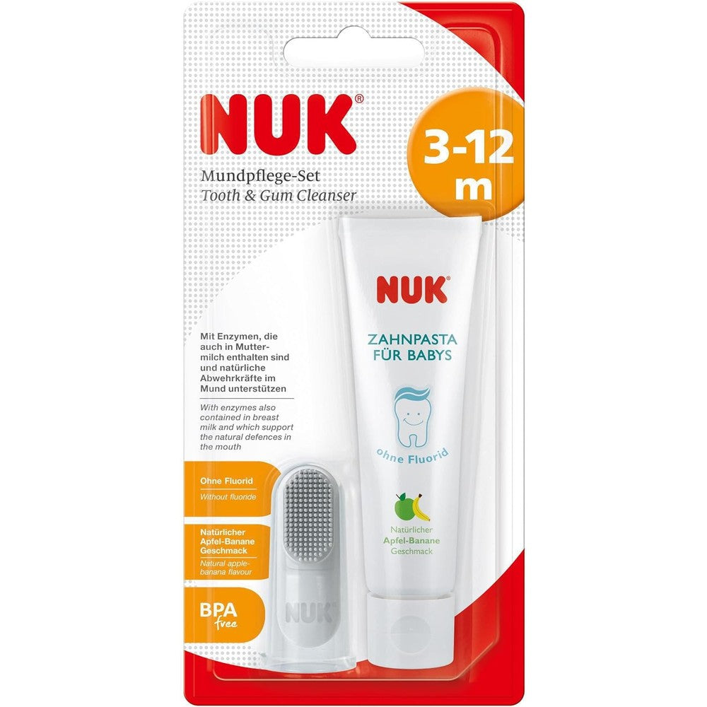 NUK Oral Care Set front view featuring apple banana toothpaste and finger brush for infant dental hygiene.
