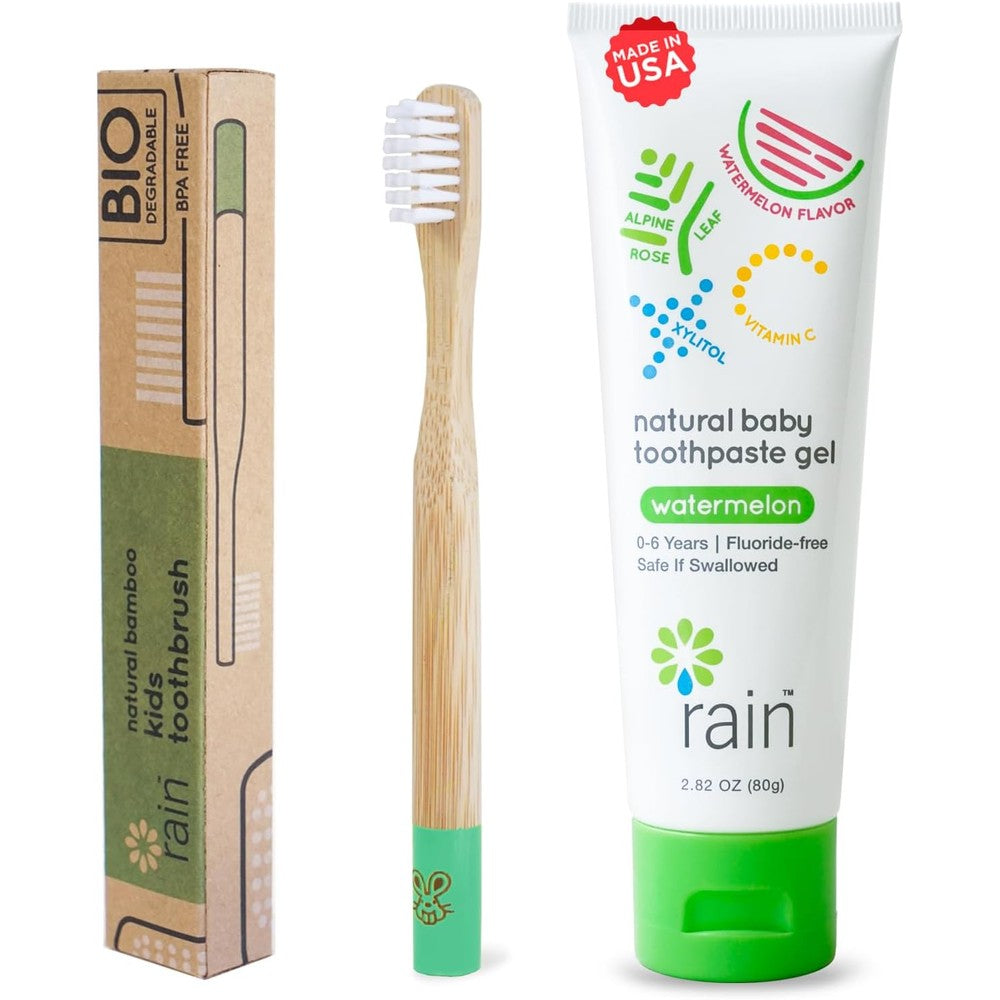 Rain Natural Bamboo Kids Toothbrush and Toothpaste Set front view for infant oral care.