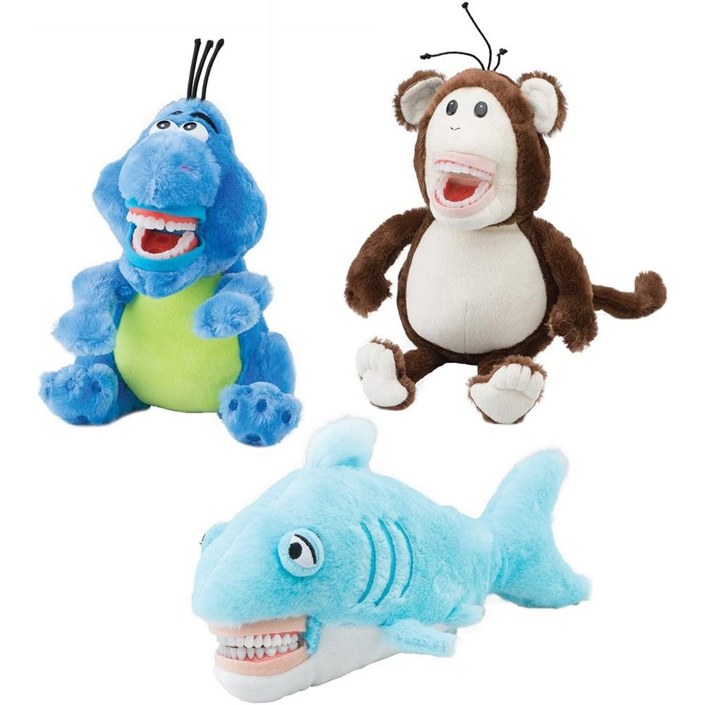 SmileMakers Smilecare Dental Plush Value Pack front view showing three character puppets and demonstration toothbrushes.
