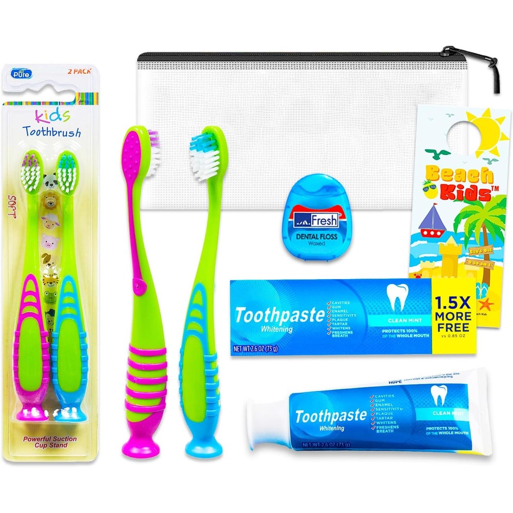 Generic Oral Care Traveling Kit for Kids front view showing toothbrushes and toothpaste.
