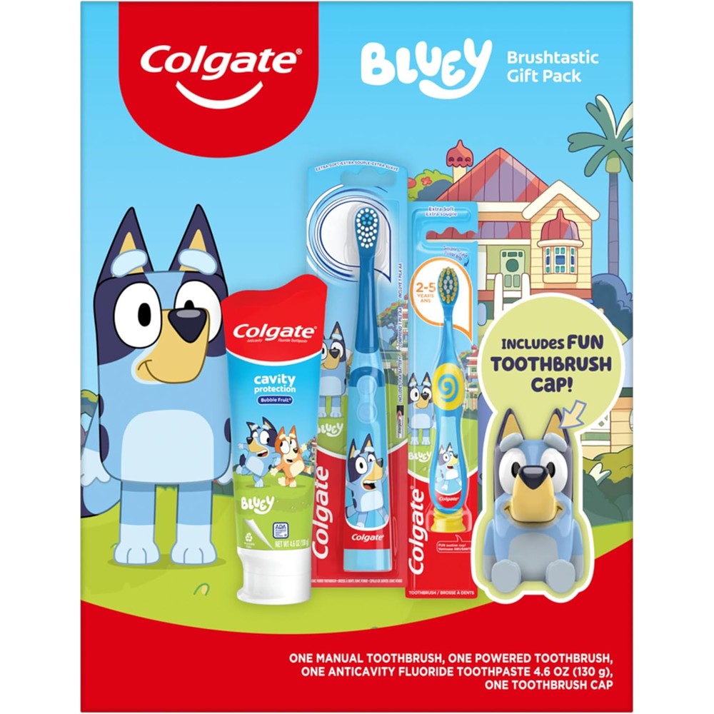 Colgate Kids Bluey Gift Set front view featuring battery and manual toothbrushes.
