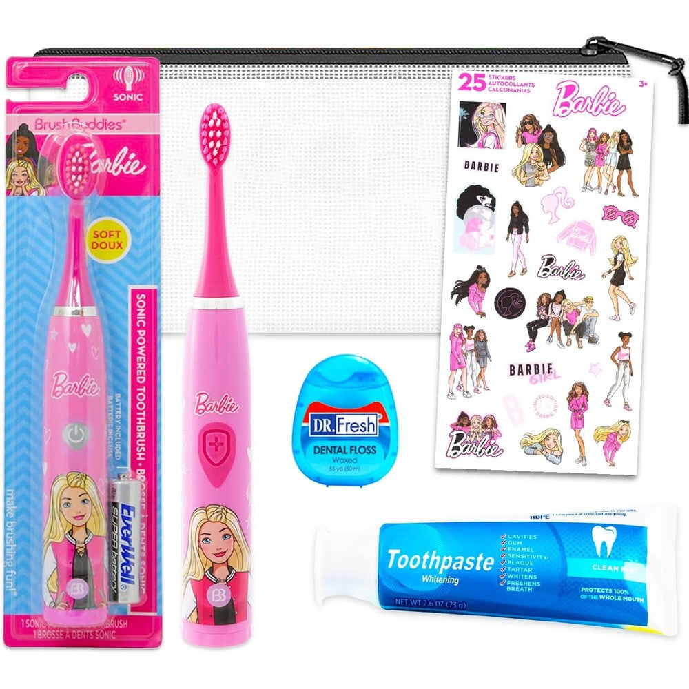 Barbie Oral Care Traveling Kit front view showing sonic toothbrush and pink bag