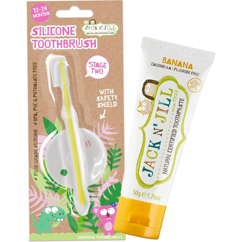 Jack N' Jill Toddler Silicone Toothbrush and Banana Toothpaste bundle front view for infant oral care.
