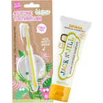 Jack N' Jill Toddler Silicone Toothbrush and Banana Toothpaste bundle front view for infant oral care.