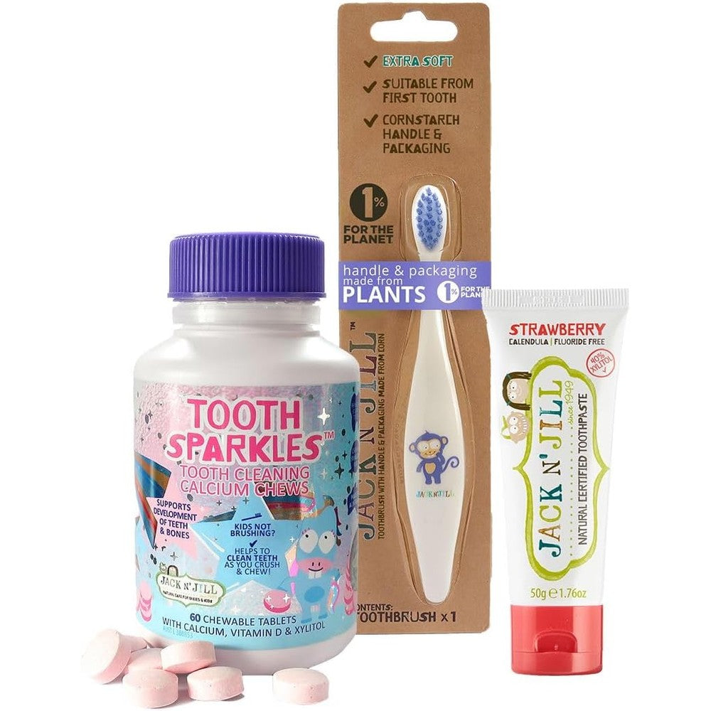 Jack N' Jill Brushing Essentials Combo Pack front view dental care kit.