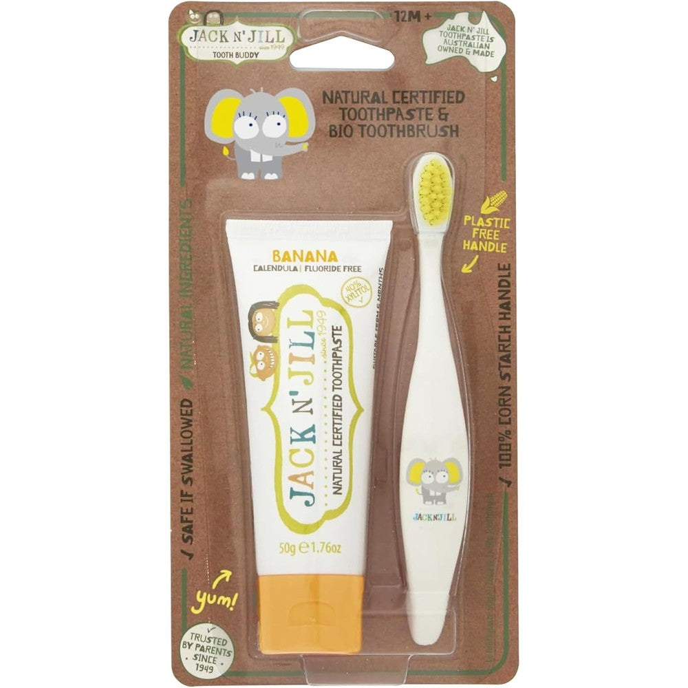 Jack N' Jill Tooth Buddy Combo Pack front view showing banana toothpaste and elephant toothbrush.