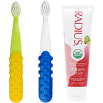 Radius Toddler Toothbrush and Toothpaste Bundle front view showing two brushes and organic paste.