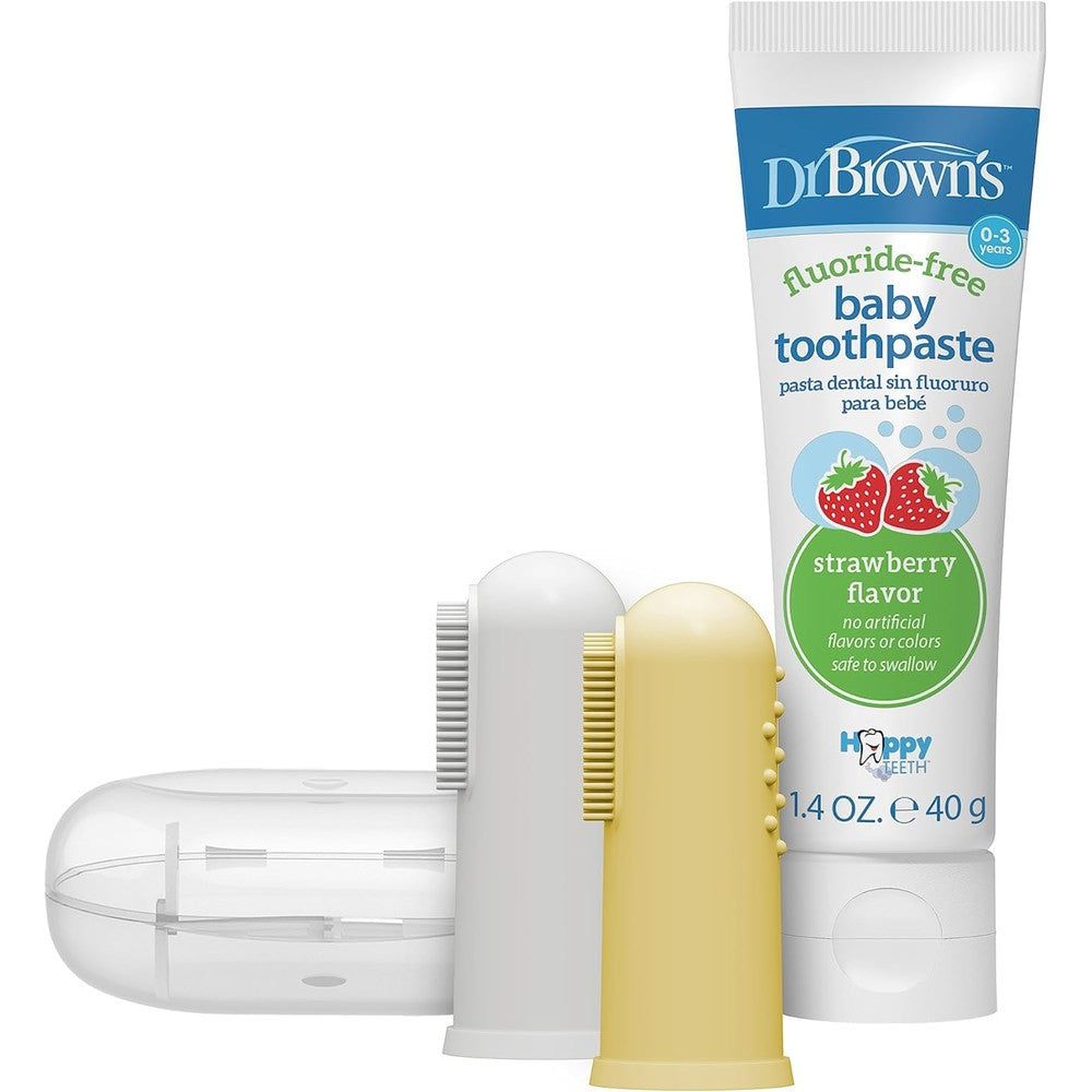 Dr. Brown's Silicone Baby Finger Toothbrush and Strawberry Toothpaste Set front view