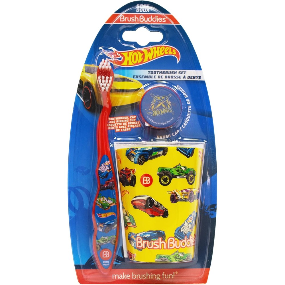 Brush Buddies Hot Wheels Kids Manual Toothbrush Kit with cap and cup front view