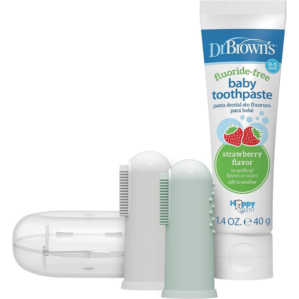 Dr. Brown's Silicone Baby Finger Toothbrush and Strawberry Toothpaste Set front view imported baby oral care.