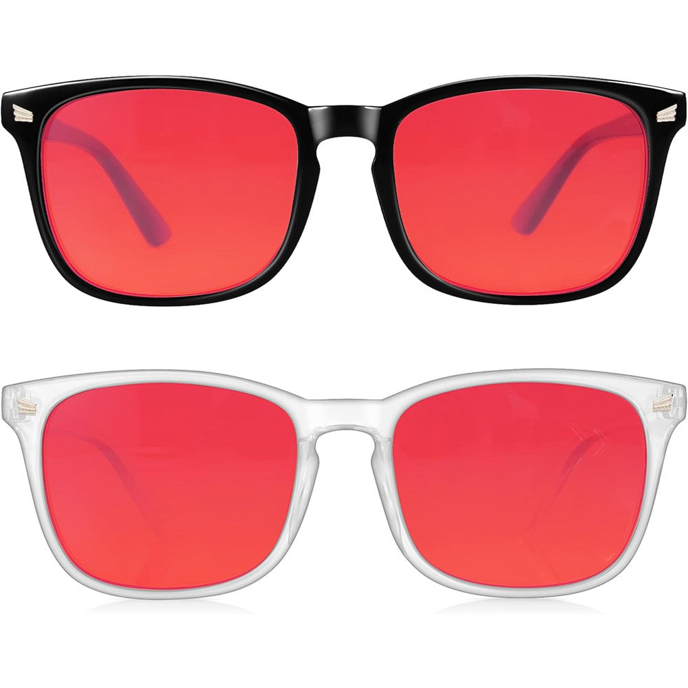 Vbewo professional sleep glasses front view showcasing the high density red lenses and black frame.