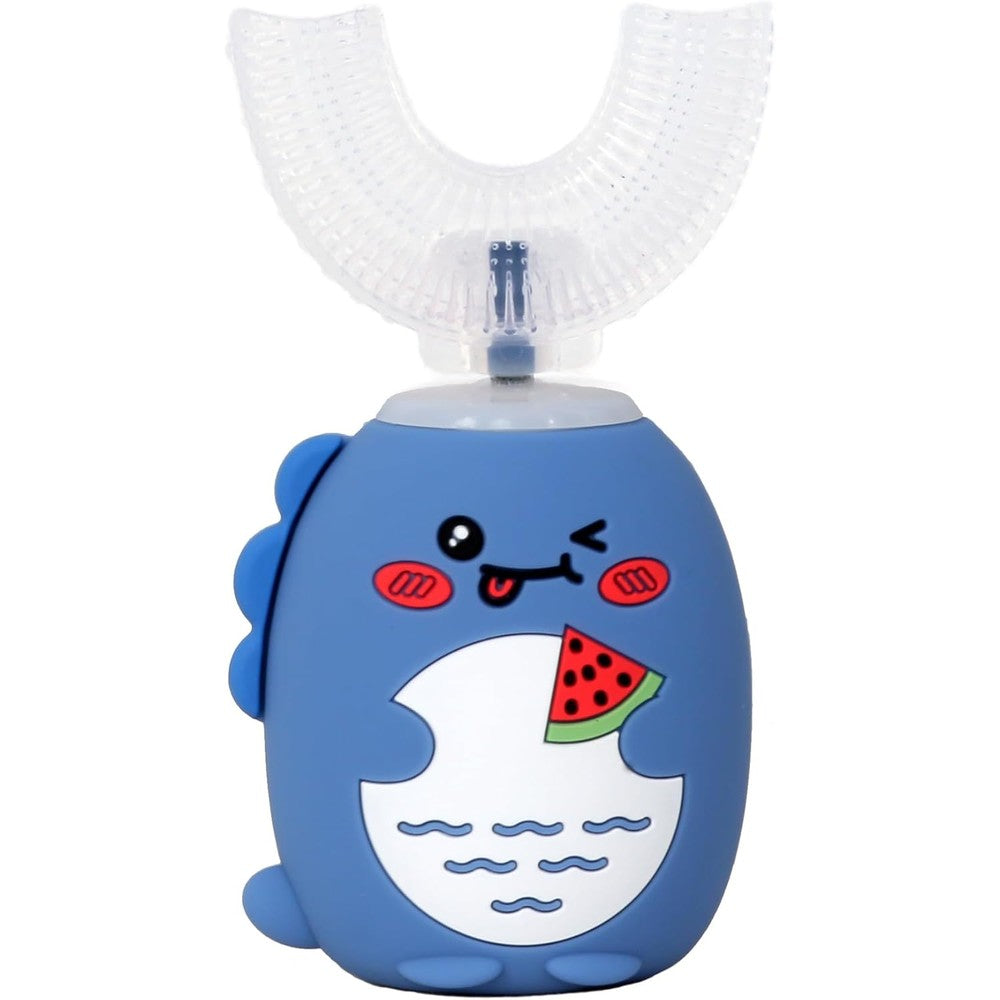 HDView Kids U Shaped Electric Toothbrush front view in blue dinosaur design