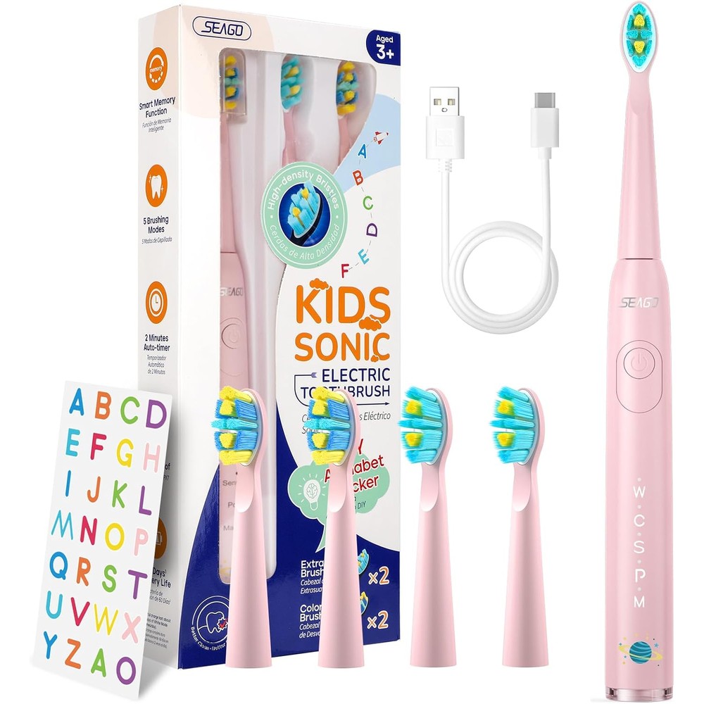 SEAGO Kids Sonic Electric Toothbrush Pink front view with replacement heads