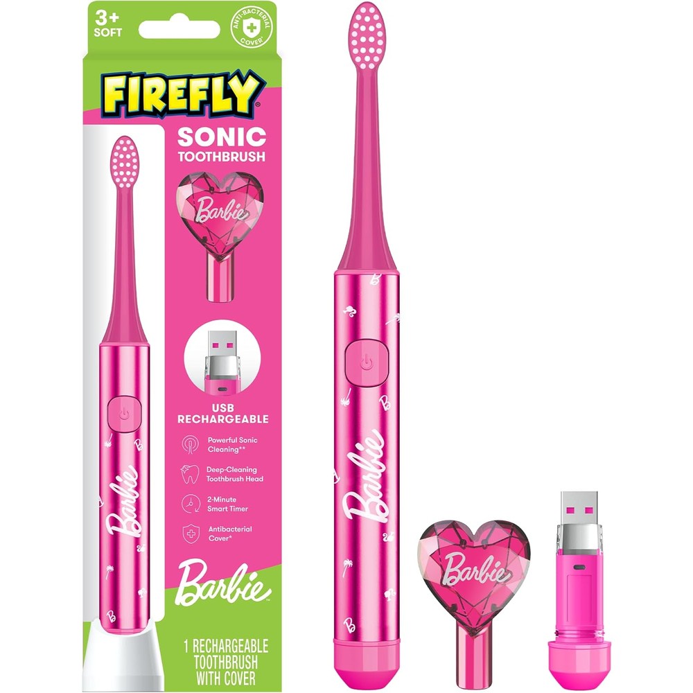 Firefly Slim Sonic Barbie Toothbrush front view for kids oral care.