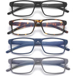 Jawsock 4 pack reading glasses blue light blocking front view showing four rectangular frames in different colors.