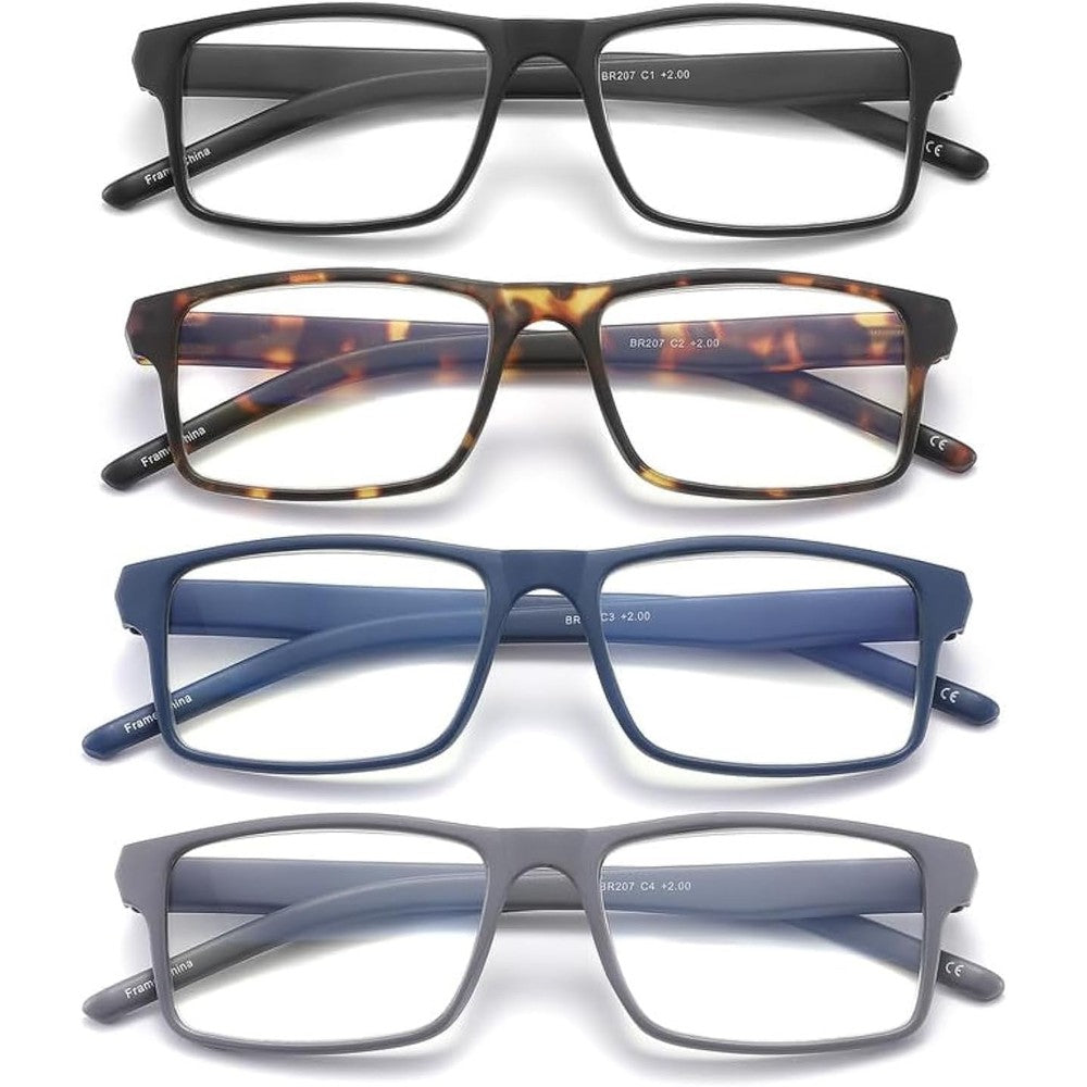 Jawsock 4 pack reading glasses blue light blocking front view showing four rectangular frames in different colors.