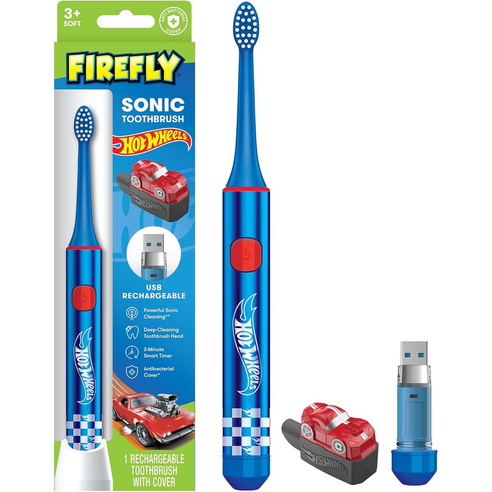 Firefly Slim Sonic Hot Wheels Toothbrush front view with antibacterial cover